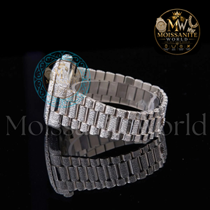Montre Moissanite World Diamond 41 mm, analogique à quartz, simple et luxueuse, bracelet en acier inoxydable, verre saphir, fermoir caché à bouton-poussoir - Product Image 2