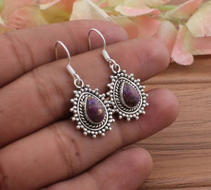 Boucles d'oreilles en argent sterling 925 avec pierre précieuse en cuivre violet naturel, serti clos en forme de goutte d'eau, faites à la main, de luxe, pour femmes, cadeau de mariage ou de fête - Product Image 3