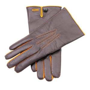 Women’s Brown Leather Gloves with Yellow Trim Soft Full Finger Winter Gloves Warm Lining Snap Button Elegant Driving Gloves - Product Image 1