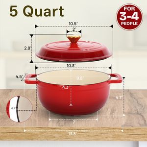 Olla de Hierro Fundido Esmaltado de 5QT, Color Rojo Degradado, Apta para Horno, Compatible con Inducción, con 2 Guantes de Silicona - Product Image 6