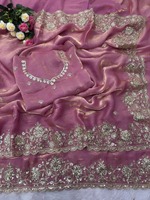 Sari de créateur en soie avec broderie de sequins et de zari et travail de codage, avec blouse non cousue, rose pâle 84550
