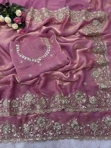 Sari de diseño con lentejuelas de seda y bordado Zari con trabajo de codificación, con blusa sin coser, rosa bebé 84550 - Product Image 4