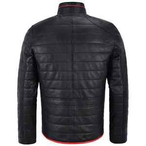 Chaqueta Acolchada de Cuero Negra para Hombre con Ribete Rojo, Cuello Alto y Cierre de Cremallera, Producto Terminado para la Temporada de Invierno - Product Image 6