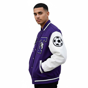 Veste universitaire Y2K personnalisée en molleton épais violet, bomber avec manches en cuir blanc, patchs en chenille, streetwear - Product Image 3