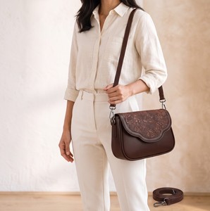 Brown Embossed Floral Handtooled Genuine Leather Single <b>ZIP</b> Vintage Crossbody Shoulder Bag PU Lined Flap Purse for Daily Travel - Product Image 3