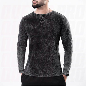 Wholesale Organic Cotton Custom Logo Acid Wash T Shirt Premium Quality Long Sleeve Casual Henley Collar Vintage Washed - Product Image 6