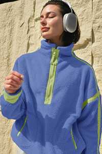 <b>Women's</b> Hooded Oversized Blue Half Zip Fleece Pullover <b>Long</b> Sleeve Casual Streetwear Loose Fit <b>Sweatshirt</b> with Front Logo - Product Image 5