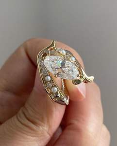 Bague de fiançailles Art Déco très prisée, style vintage, diamant de laboratoire taille Moval, cadeaux d'anniversaire, or massif 14 carats, clarté E/VS - Product Image 2