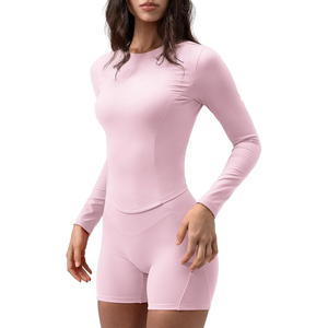 Combinaison de yoga sans couture rose à manches longues pour femme, col rond, couleur unie, manches longues, tenue de sport ajustée - Product Image 3