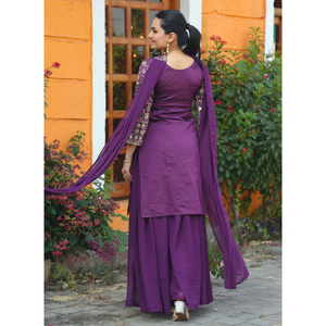 Taffeta Silk Mirror <b>Top</b> Georgette Palazzo <b>Sequined</b> Scarf Elastic Waist Stitched Women Three Piece Festive Salwar Suit Set - Product Image 6