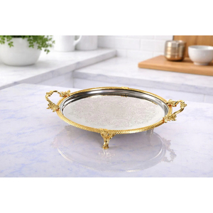 Plateaux de service en métal, plateau rond en acier inoxydable poli brillant avec support doré, idéal pour la maison et les hôtels. - Product Image 6