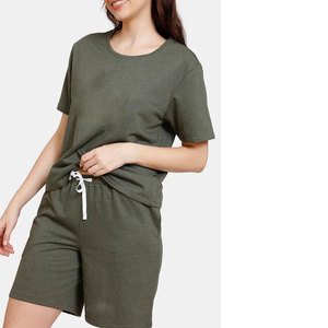 Conjunto de camiseta y pantalones cortos de color sólido para mujer, cuello redondo, manga corta, algodón transpirable, ropa informal de verano con bolsillos laterales - Product Image 5