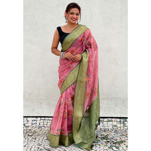 ผ้าซิลค์พิมพ์ลายดอกไม้สีชมพู พร้อมขอบทอผ้าซารีด้วยไหมซารี สำหรับชุดราตรี - Product Image 5