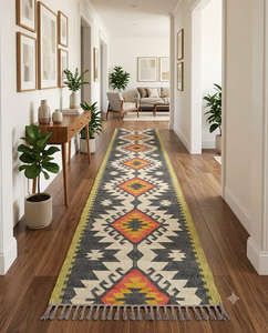 Southwestern Charcoal Cream Mustard Red Wool Jute <b>Runner</b> <b>Rug</b> Handwoven Geometric Kilim Boho Farmhouse Hallway Long <b>Runner</b> - Product Image 6
