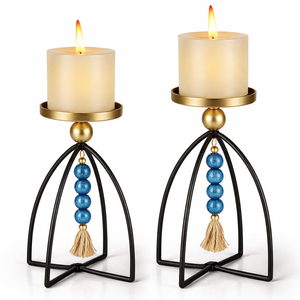 Gold and Black Candle Holders with Blue Beads Decorative Candle Stands with Tassel for Modern Home Decor Elegant Table Accent - Product Image 6