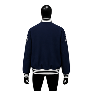 CLASSIC NAVY LETTERMAN VARSITY <b>JACKET</b> FOR <b>MEN</b> With <b>White</b> Geometric Stripes On Sleeves Preppy Style Regular Fit Turn-down Collar - Product Image 2
