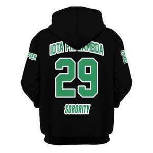 Sweat à capuche personnalisé de la sororité Iota Phi Lambda, noir, avec lettres grecques sur le devant, emblème et numéro d'année au dos, style pull-over - Product Image 6