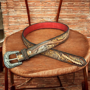 Vintage Western <b>Tooled</b> <b>Leather</b> Belt With Paisley Pattern Silver Buckle Casual Cowhide Belt Durable Hand Painted Design - Product Image 3