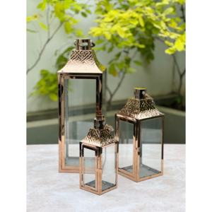 2025 Hot Selling Glossy Rose Gold Stainless Steel Glass Modern Handmade Square Shape Christmas <b>Candle</b> Holder Lanterns <b>Set</b> 3 Home - Product Image 1