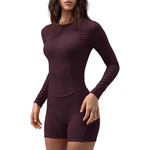 Camiseta de Yoga de Manga Larga para Mujer, Cuello Redondo, Color Sólido, Sin Costuras, Ajuste Ceñido, Spandex y Poliéster - Product Image 1