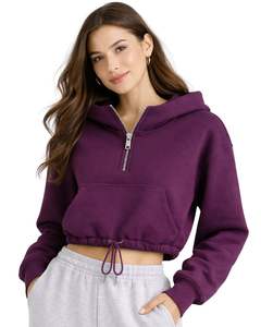Sudadera con capucha de forro polar personalizada, color ciruela, con cremallera de cuarto, bolsillo canguro, dobladillo con cordón ajustable, estilo casual urbano, cálida, para mujer - Product Image 1