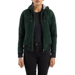 <b>Women's</b> Green Suede <b>Leather</b> <b>Moto</b> <b>Jacket</b> With Zipper Front Full Sleeve Stand Collar Autumn Outerwear Winter Season - Product Image 1