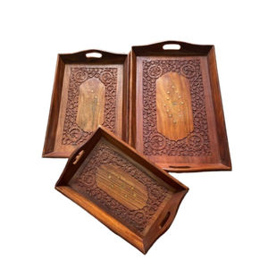 Bandeja de servir marroquí hecha a mano de madera de Sheesham con incrustaciones de latón, rectangular, tallada a mano, bandejas decorativas apilables para cocina y comedor. - Product Image 2