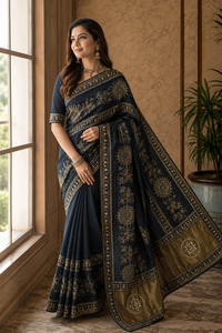 Sari de Seda Moonga Morado de CHOHAN TEXTILE, Largo hasta el Suelo, Sin Arrugas, de Secado Rápido, con Protección Solar, Borde Dorado Zari, Estilo Vintage para Bodas y Fiestas - Product Image 4