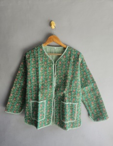 <b>Quilted</b> Floral <b>Jacket</b> Women's Cotton V-Neck Three Quarter Sleeve Spring Coat With Button Closure Green <b>Patterned</b> Design gift - Product Image 1