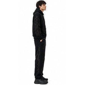Ensemble de survêtement décontracté pour homme, style gothique, brodé, noir, à capuche, avec cordon de serrage, pantalon de survêtement long, motif flamme 3D, séchage rapide - Product Image 3
