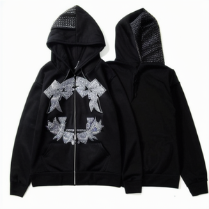 Sweat à capuche gothique demi-zippé avec nœud brodé en strass, respirant, coupe oversize, noir, unisexe, en polaire, impression délavée, hiver - Product Image 3