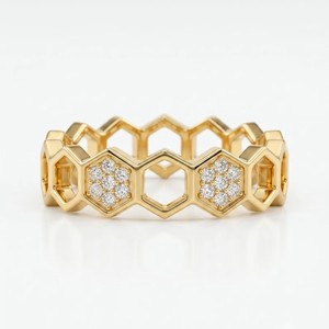 Bague en Moissanite Plaqué Or Jaune 10 carats pour Femme, Motif Nid d'Abeille Hexagonal, Sertie à Griffes, Coupe Ronde, Alliance de Mariage - Product Image 1