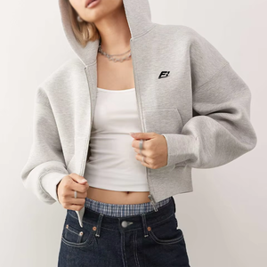 Sweat-shirt à capuche gris zippé pour femme, manches longues, décontracté, en polaire légère avec poche, pour la vente en gros de vêtements - Product Image 1
