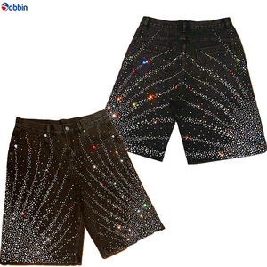 Pantalones Cortos de Mezclilla Tejida Estilo Hip Hop Casual de Verano con Lavado Vintage, Estampado Completo y Pedrería, Fabricación Personalizada, Pierna Recta para Hombre - Product Image 1