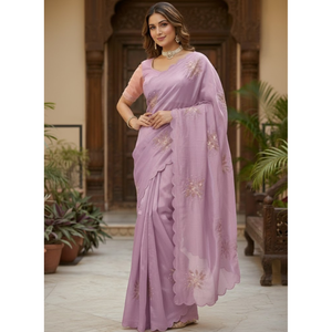 Sari de Diseño con Bordado Lila – Atuendo Tradicional para Fiestas para Mujer - Product Image 2