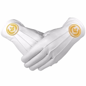 Gants de Maître Maçon en Cuir Véritable Blanc avec Logo Personnalisé, Broderie Jaune Carré et Compas G, Vente en Gros de Régalia Maçonnique - Product Image 1