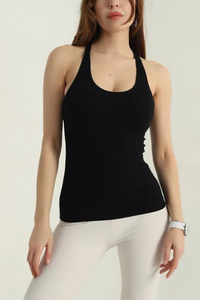Women's <b>Black</b> Halter Neck <b>Tank</b> <b>Top</b> Knitted Spandex Polyester Breathable Casual Solid Color Regular Length Sleeveless <b>Top</b> - Product Image 3