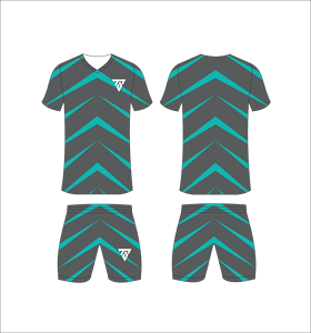 Custom sublimated soccer uniform set for men with dark grey and cyan chevron pattern print jersey and matching <b>shorts</b> - Product Image 1