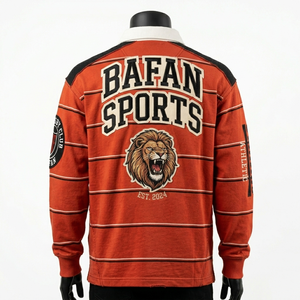 เสื้อรักบี้ชาย 250 GSM ผ้าฝ้ายผสมโพลีเอสเตอร์ เสื้อรักบี้สีแดงลายทางที่ไหล่ แต่งโลโก้ด้วยผ้าทวิลล์ เสื้อรักบี้ชาย - Product Image 6