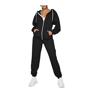 Ensemble de survêtement noir à capuche pour femme, sweat-shirt décontracté à manches longues de couleur unie avec pantalon à cordon de serrage, poches latérales, fermeture éclair - Product Image 1