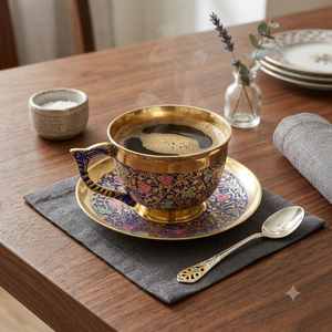 Juego de taza y platillo de latón Meenakari de lujo hecho a mano, azul real, tallado a mano, taza de café de metal para regalos de boda, recuerdos, venta al por mayor. - Product Image 3