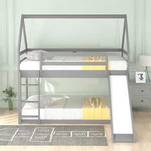Letto a Castello Grigio per Bambini con Scivolo e Scala, Dimensione Twin - Product Image 3