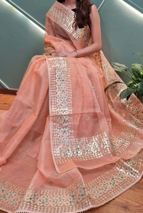 Sari de Algodón y Lino Kota Doria con Estampado Floral de Diseño Propio - Product Image 2