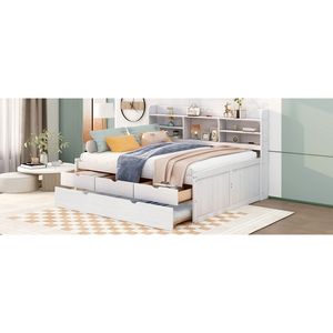 Cama capitán de madera tamaño matrimonial en acabado blanco con estanterías integradas y cama nido con tres cajones de almacenamiento - Product Image 5