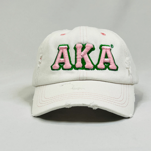 AKA White Distressed Denim Hat Pink Embroidered Letter Baseball <b>Cap</b> Adjustable Washed Denim Headwear Casual Fashion <b>Vintage</b> - Product Image 5