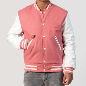 Breathable Pink <b>White</b> <b>Men's</b> Varsity <b>Jacket</b> Button Front Regular Length Stand Collar Casual Winter Coat Cotton - Product Image 1