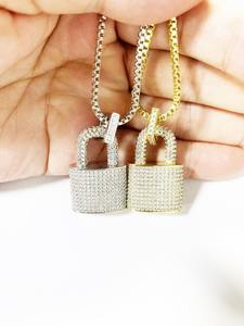 Collar con colgante de candado de cadena tipo caja de latón, chapado en rodio y oro de 14K, con incrustaciones de diamantes, estilo hip hop y streetwear - Product Image 2