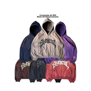 Sweat à capuche zippé pour homme, style streetwear, avec logo personnalisé, effet délavé à l'acide, usé et délavé par le soleil, motif imprimé gothique - Product Image 6