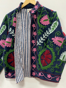 Bohemian Floral Embroidered Woven 100% Cotton Velvet Bomber Jacket Windproof Breathable Suzani Stand Collar Medium Length - Product Image 3