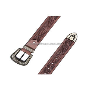 Ceinture élégante en cuir véritable marron style western, avec motifs floraux gravés, véritable cuir artisanal, ceintures unisexes faites à la main. - Product Image 1